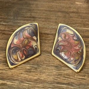 Frosted Gold‎ Pink & Purple Enamel Paint On Metal Pierced Earrings 80's 90's